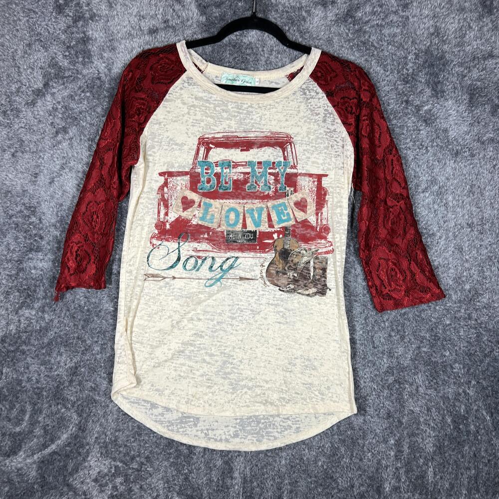 Southern Grace Shirt Womens Small Beige Red Lace Raglan Graphic 3/4 Sleeve